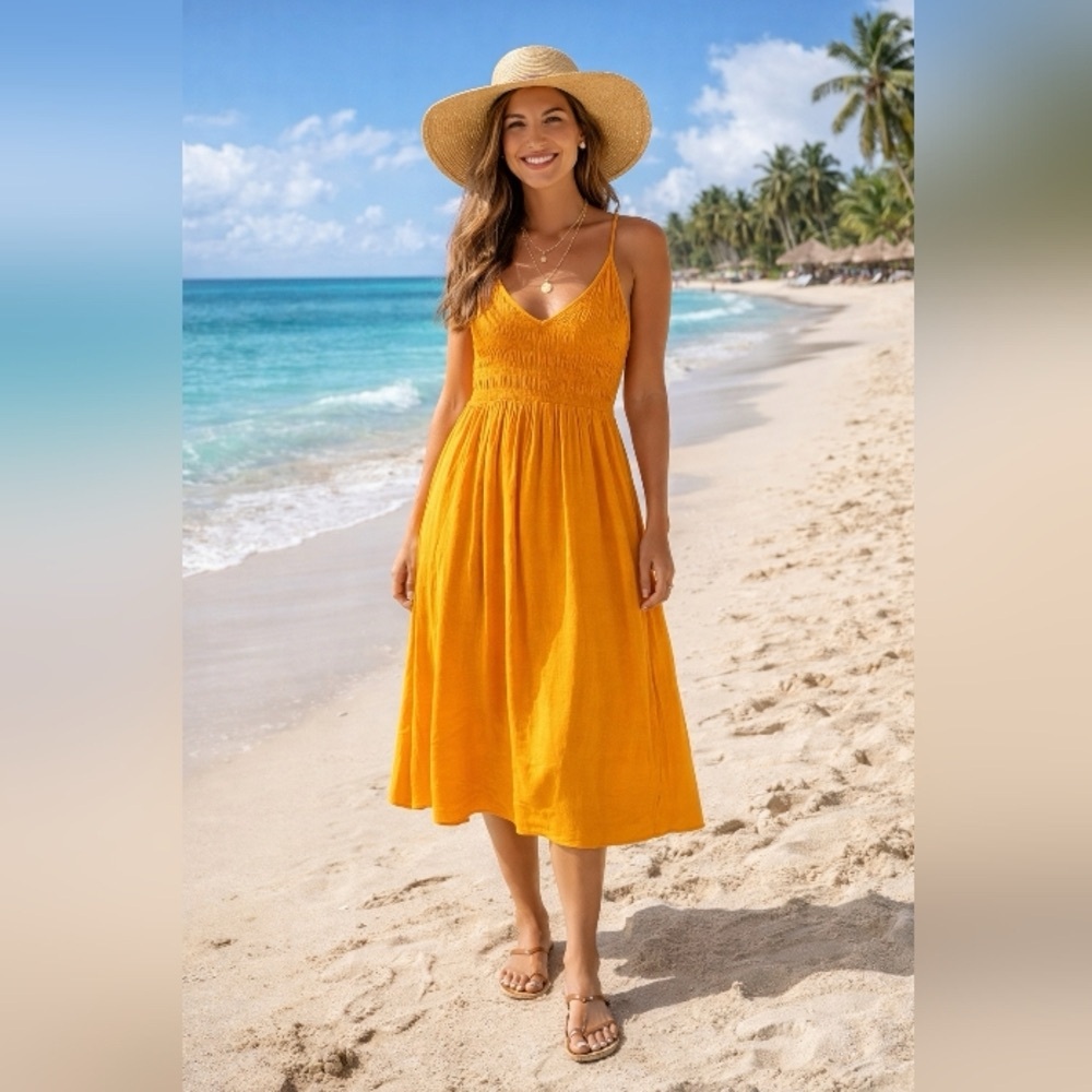 wild fable Mustard Yellow Smocked Midi Sundress